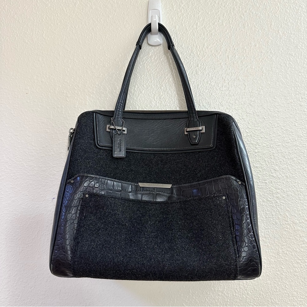 COACH Taylor Bowler Tote Satchel Black/Charcoal Grey WOOL/LEATHER Black F32818l